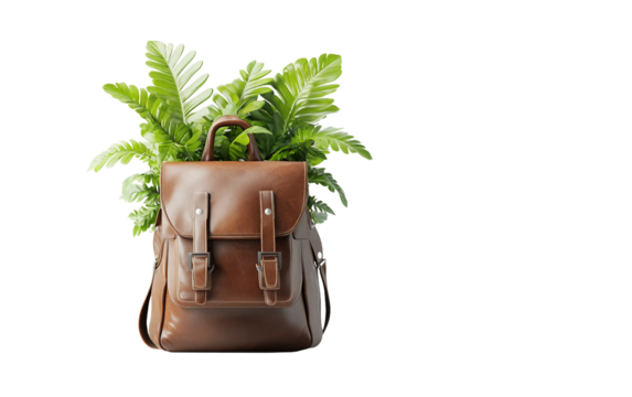 An artistic depiction of a leather backpack suspended midair featuring bright tropical designs blending fashion and wanderlust isolated on transparent background PNG