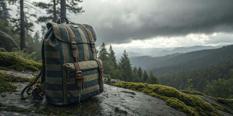 Adventure backpack in rainy forest landscape for hiking and camping gear travel equipment and outdoor exploration