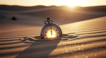 Antique pocket watch partially submerged in sand illuminated by a golden light at sunset. Warm tones and textured sand create a serene atmosphere reflecting time's passage within a desert landscape.