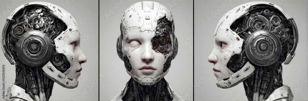 Poster a 3d rendering of a robot head or three unique cyborg faces, set against a white background
