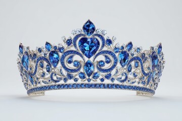 Concept of a silver tiara adorned with diamonds and blue sapphire stones, symbolizing a beauty pageant winner, a bride's accessory, and a royal crown for a queen, isolated on white with a clipping