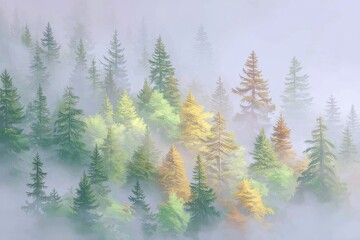 Obraz premium A serene winter landscape featuring spruce trees enveloped in mist and covered in delicate hoarfrost