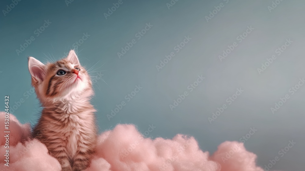 Poster playful kitten exploring soft pink clouds on a calm background