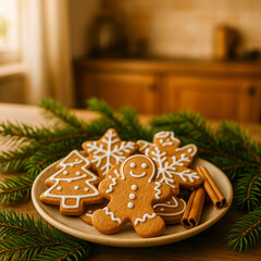 Christmas gingerbread cookies on plate with fir branches