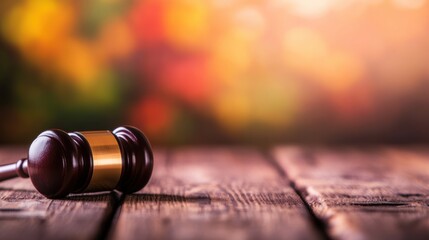 Gavel resting on wooden table with blurred autumn background