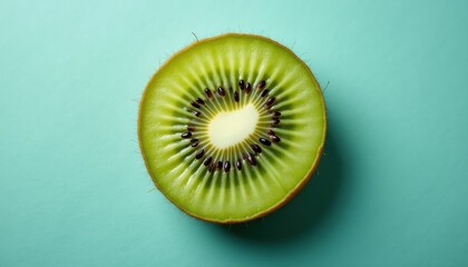 Kwi slice on teal background, top view