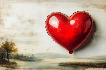 Red Heart Balloon on Vintage Painted Landscape – Surreal Love Concept with Artistic Background, Romantic Symbol in Classic Scene