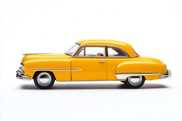 Yellow Vintage Car Model on White Background &ndash; Classic Toy Vehicle, Retro Automobile Miniature in Side View