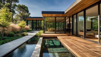 Fototapeta premium Luxury resort swimming pool architecture with garden landscape and hotel exterior design