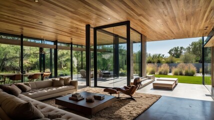 Fototapeta premium Luxury modern living room in a house with a window and a view of the sea, featuring sleek furniture and an empty wooden floor