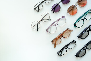 Set with different eyeglasses with lenses. Eye care concept