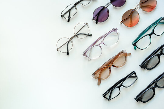 Set with different eyeglasses with lenses. Eye care concept