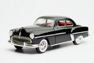 Black Classic Car Model on White Background &ndash; Vintage Collectable Toy Vehicle in Side View, Retro Automobile Miniature