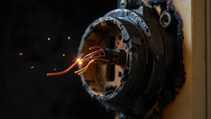 Close-Up of Burnt Wall Socket with Melted Plastic and Scorched Wires – Electrical Fire Damage, Sparks on Dark Background, Fire Hazard, Home Safety Risk, Wiring Failure, Power Outlet Damage