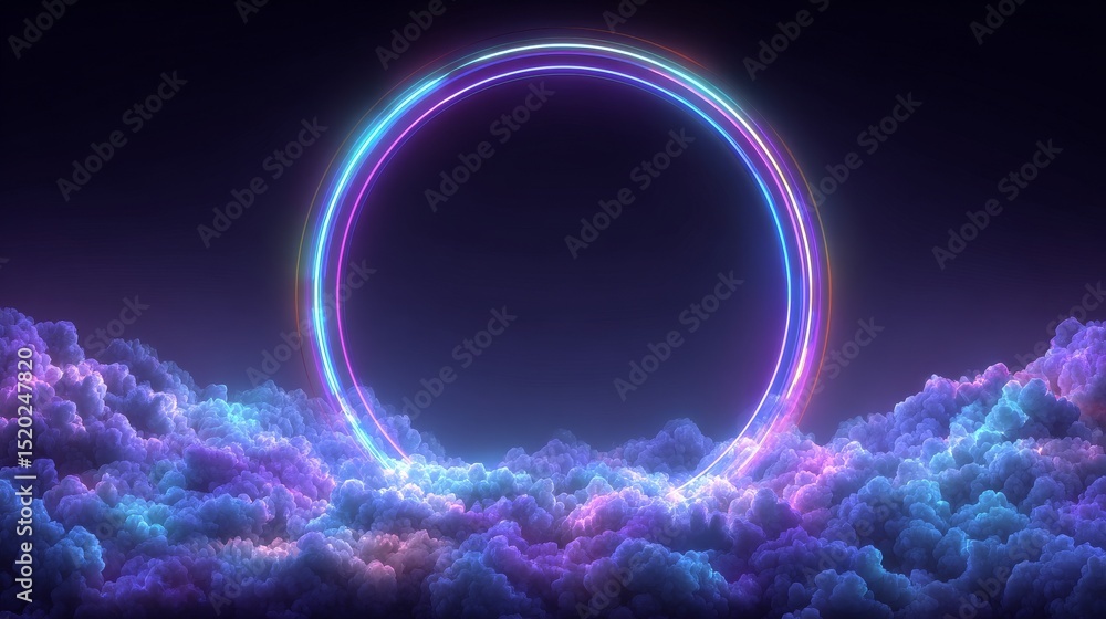 Poster the image depicts a 3d render of an abstract cloud lit up by a neon ring on a dark night sky, accomp