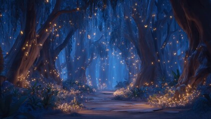 Enchanted nighttime landscape of a mystical forest filled with fantasy and fairy tale elements