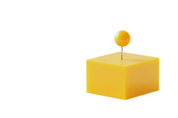 A vibrant yellow cube features a single, similarly-hued pushpin atop its center, set against a stark black backdrop