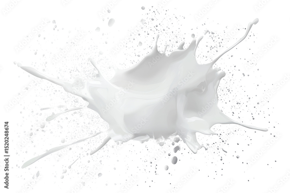 Poster A dynamic splash of thick, white liquid explodes against a stark black background, creating a textured, high-contrast image with splatter and droplets