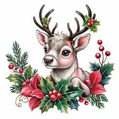 christmas reindeer with holly berry