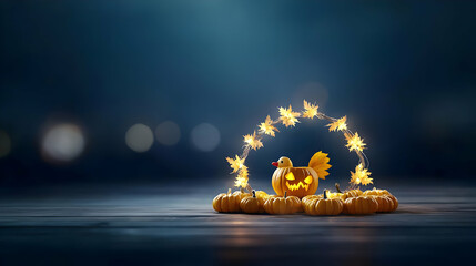 Halloween Pumpkin Arrangement With Glowing Lights On Dark Wooden Table