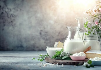 Assorted dairy products displayed on a rustic wooden surface, including milk, cream, cheese, and yogurt.  Fresh and wholesome dairy selection