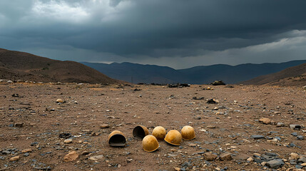 Abandoned Helmets In A Desert Landscape Under Stormy Sky