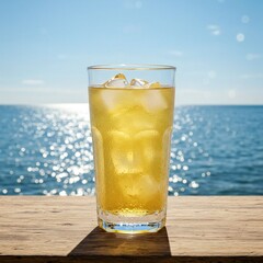 A glass of iced tea with ocean view in background