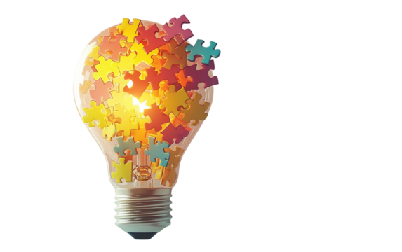 Bright glowing puzzle parts assembling midair representing creativity and problem solving isolated on transparent background PNG