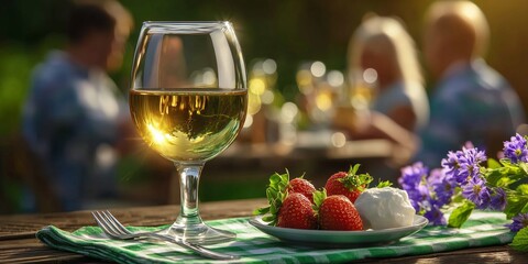 Glass of white wine, fresh strawberries and cream cheese dessert during a Midsummer celebration in Sweden with family and friends enjoying the long summer evening in a blurred background.