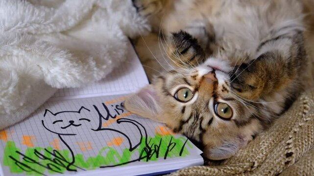 Text Miss You on paper, notepad. Pretty cute kitten relaxing on the bed. Playful tabby cat mixed breed, maine coon, siberian cat.  Funny pets. Lying on back - Powered by Adobe