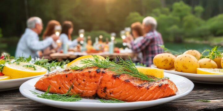 Close up of a plate with grilled salmon garnished with lemon and dill, with a family celebrating Midsummer in the background, enjoying a meal together by a lake in Sweden.