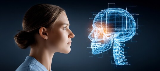 29 year old female in postop for maxillofacial reconstruction with a blueprint engraving of a glowing depiction of zygomatic bone plating