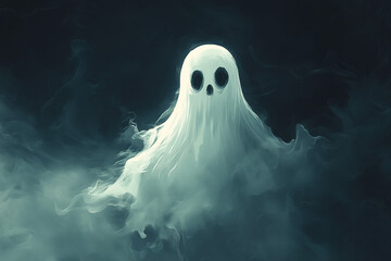 Foggy white ghost in a sheet on a blue background with no additional items, Halloween-themed background