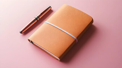 Leather Notebook And Pen On Pink Background