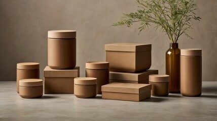 Empty interior room with a cardboard box, wooden sofa, and a plant on the floor