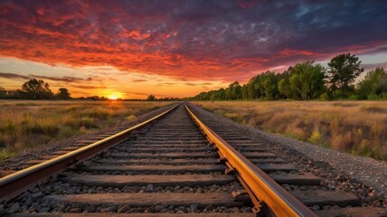 Fototapeta premium Steel tracks merge with the horizon, a long railway journey through a nature landscape under the morning or sunset sky