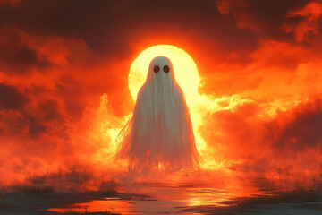 a white ghost in a sheet against a full glowing moon as a glow behind him