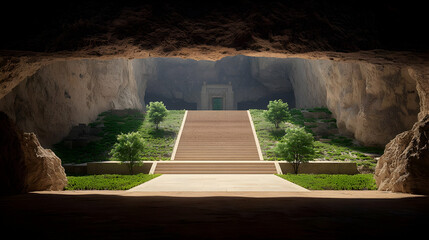 Pixel Art Cave Temple Entrance With Steps And Garden