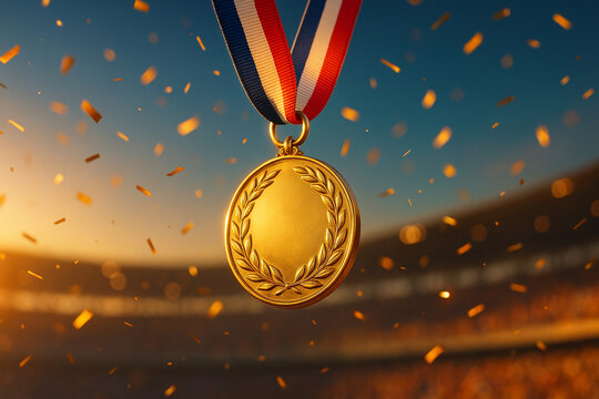 Gold medal with laurel wreath and ribbon in stadium with confetti, symbolizing victory and achievement