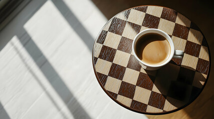 Coffee Cup On Checkered Table With Sunlight