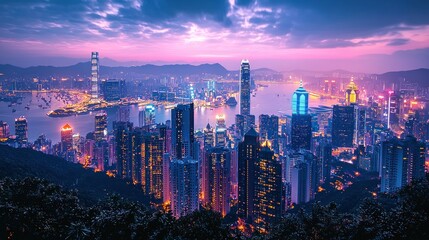 Fototapeta premium Hong Kong Cityscape at Twilight with Glowing Lights and Vibrant Sky