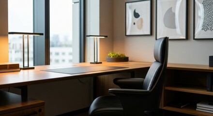 Office interior with desk, chair, lamps, and framed artwork. Workspace design.