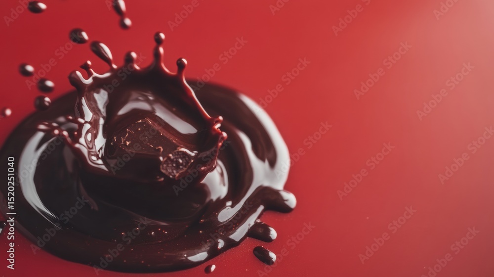Poster rich chocolate splash on a red surface creating an enticing pattern