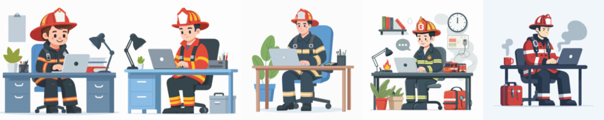 firefighter character vector playing laptop