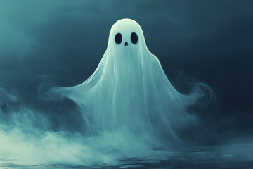 Foggy white ghost in a sheet on a blue background with no additional items, Halloween-themed background