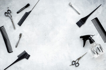 Frame of barber tools. Different kind of combs and scissors, top view