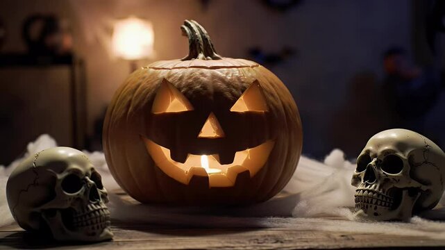 A Halloween-themed video scene set in a dimly lit room. A carved pumpkin with a glowing candle inside (jack-o'-lantern) sits on a wooden table, surrounded by cobwebs and skull props.