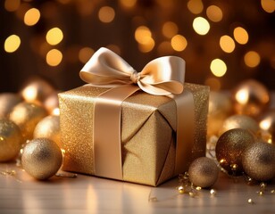 a luxuriously wrapped golden gift box adorned with a satin ribbon sits amidst a soft glow of warm lights and shimmering decorative spheres