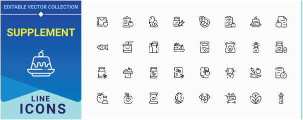Supplement icon set. Contains such icons as health, protein, healthy, nourishment, vitamin, food and more. Nutrition line icon set. Isolated icons. Vector illustration in modern line style.