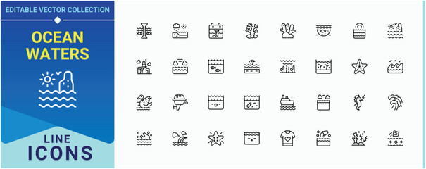 Ocean Waters icon collection. Includes thin line symbols beach, vacation, nautical, surfing, sailboat, diving. Ocean icon set. UI icons set in a thin style. Editable stroke. Vector collection.